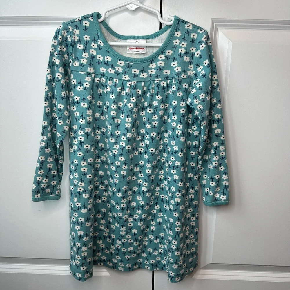 Hanna Andersson Girls Blue and White Floral Long Sleeve Dress (Size 110cm)